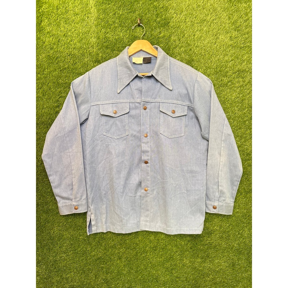Vintage Sears Western Wear Denim Shirt Jacket Light Wash Blue Snap Front Mens L